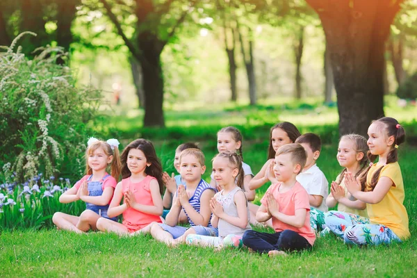 Un grand groupe d'enfants engagés dans le yoga dans le parc assis sur l'herbe — Photo