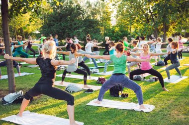 Bir grup genç gün batımında Park'ta yoga yapıyor..