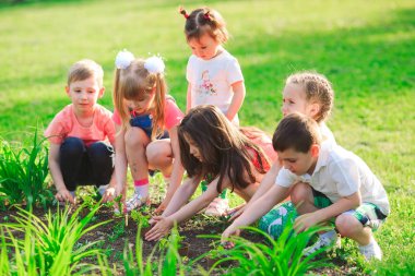 Çocukların elleri kurtarma dünyalar kavramı olarak birlikte siyah toprak üzerinde genç ağaç dikim.