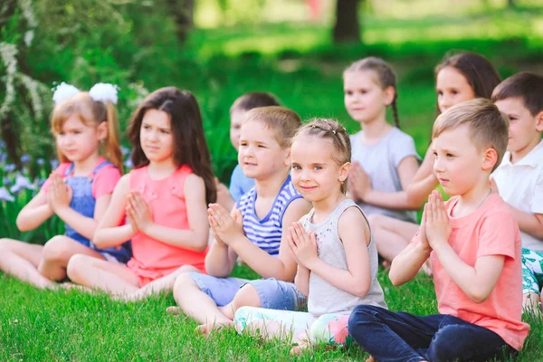 Un gran grupo de niños dedicados al yoga en el Parque sentados sobre la hierba — Foto de Stock