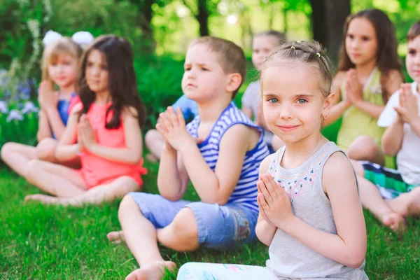 Велика група дітей, які займаються йогою в парку, сидять на траві — стокове фото