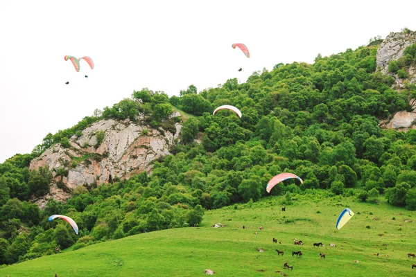 Yamaç paraşütçüleri ile güzel manzara. Bulutlu havalarda yeşil dağlar — Stok fotoğraf