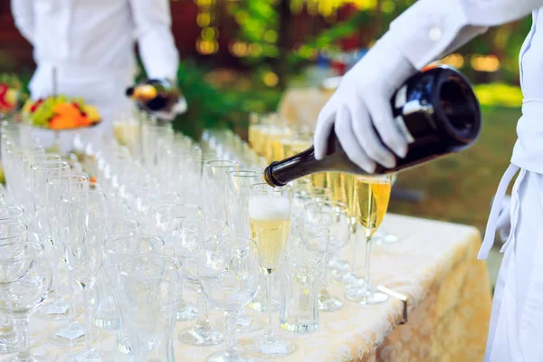 Bartender i vita handskar som häller champagne i glas. — Stockfoto