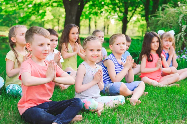 Un gran grupo de niños dedicados al yoga en el Parque sentados sobre la hierba — Foto de Stock