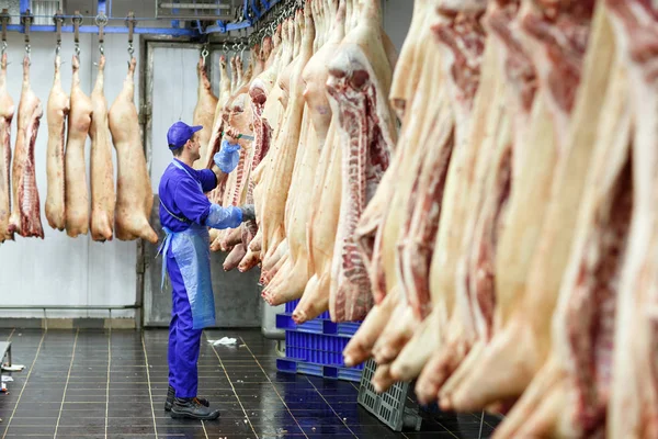 Мясник режет свинину на мясокомбинате — стоковое фото