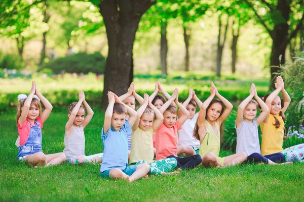 Eine große Gruppe von Kindern beim Yoga im Park auf dem Rasen sitzend. — Stockfoto