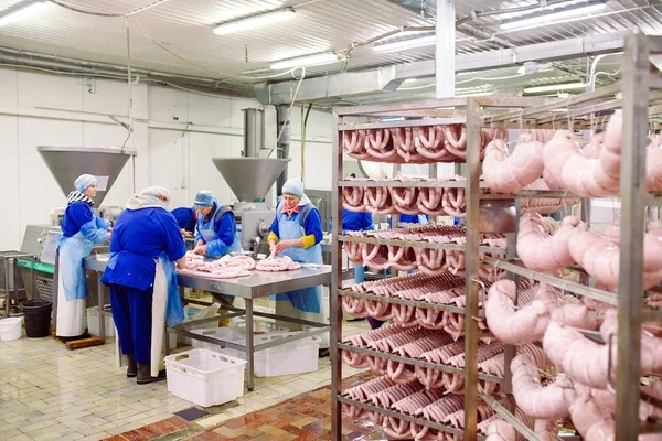 Carniceros procesando salchichas en la fábrica de carne . — Foto de Stock