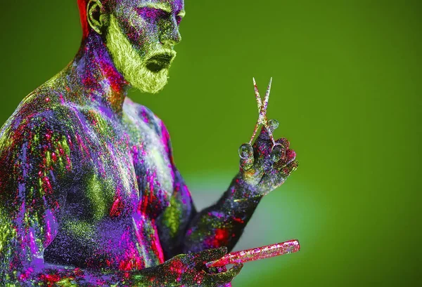 Kavram. Berber dükkanında sakallı bir adam. Berber dükkanında şık bir sakallı adam kesilmiş. Adam ultraviyole tozu ile dekore edilmiştir