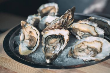 Ahşap arka planda siyah bir plaka üzerinde istiridye.