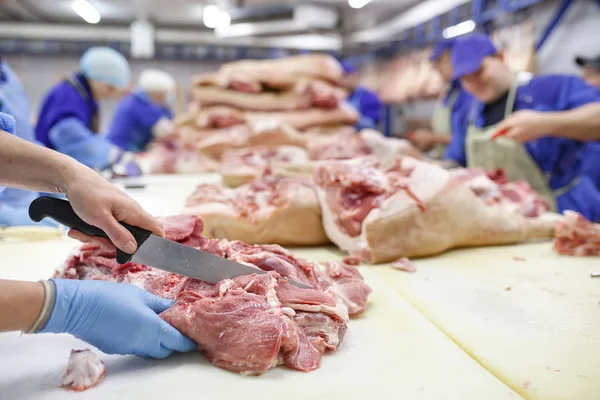 Snijden van vlees in slachthuis bij vleesproductie. — Stockfoto