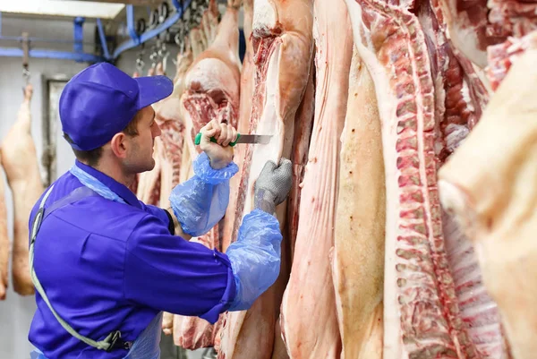 Découpe de porc au boucher lors de la fabrication de viande — Photo
