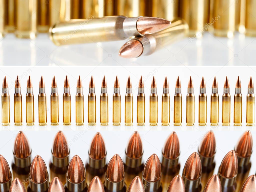 Hunting or military ammunition. Collage of different types of firearms.