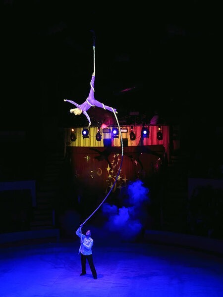 Aerial acrobat in the ring. A young girl performs the acrobatic elements in the air ring