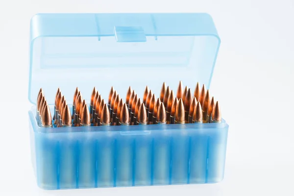 Hunting cartridges in a plastic box. Bullet storage box. — Stock Photo, Image