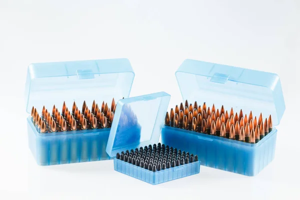 Hunting cartridges in a plastic box. Bullet storage box. — Stock Photo, Image