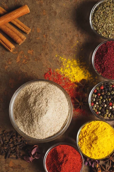 Ground White Pepper. Place for text. Different types of Spices in a bowl on a stone background. The view from the top