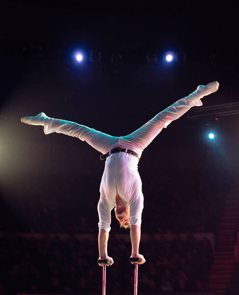 Mans aerial acrobatics in the Circus ring.