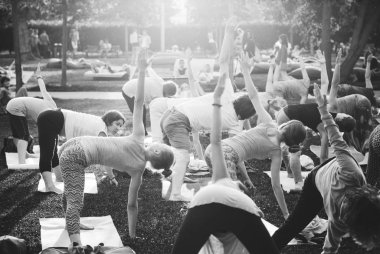 Bir grup genç gün batımında Park'ta yoga yapıyor.