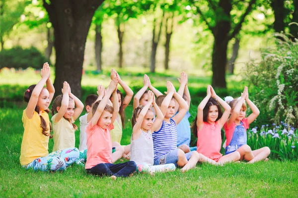 Duża grupa dzieci zaangażowanych w jogę w parku siedzi na trawie — Zdjęcie stockowe