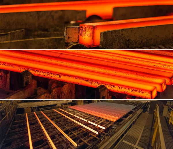 Fioritura di acciaio caldo quadrato sul roll-table. Collage di immagini . — Foto Stock