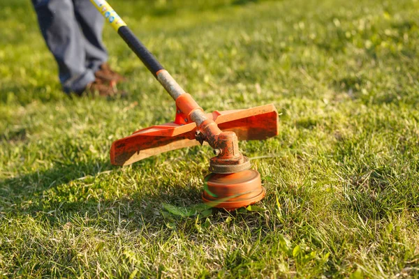 Mowing trimmer - worker cutting grass in green yard at sunset — Stock Photo, Image