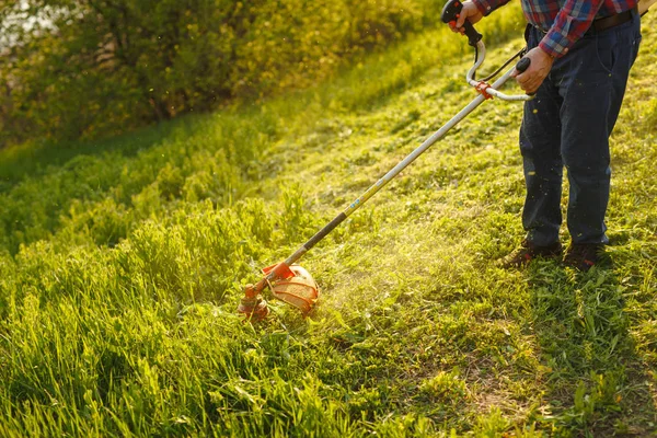 Podadora - trabajador de corte de césped en el patio verde al atardecer —  Fotos de Stock