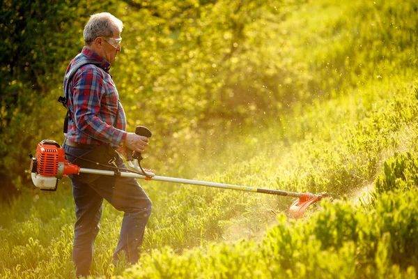 Trymer koszenia - pracownik koszenia trawy na zielonym podwórku o zachodzie słońca — Zdjęcie stockowe