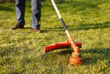Çim biçme makinesi. Gün batımında çimenleri biçen işçi.