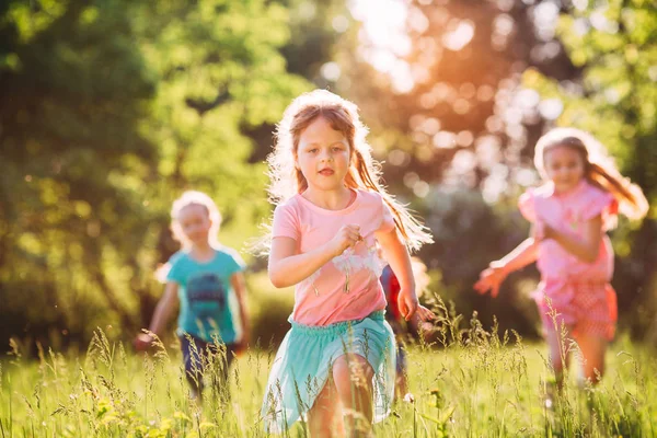 Велика група дітей, друзів хлопчиків і дівчаток, що біжать в парку в сонячний літній день в повсякденному одязі  . — стокове фото