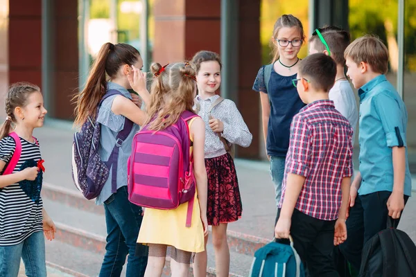 Schoolvrienden gaan naar school. Studenten begroeten elkaar. — Stockfoto