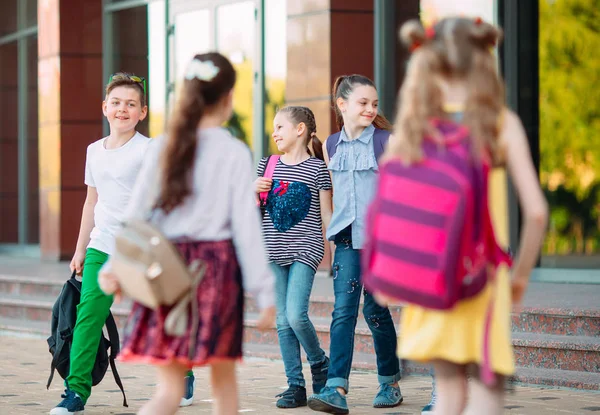 Koledzy ze szkoły chodzą do szkoły. Studenci witają się nawzajem. — Zdjęcie stockowe