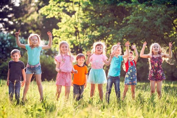Bir grup arkadaş çimenlerin üzerinde mutlu bir şekilde koşup zıplıyorlar..