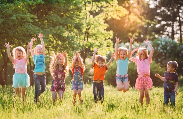 Freundeskreis rennt fröhlich zusammen im Gras und springt. — Stockfoto