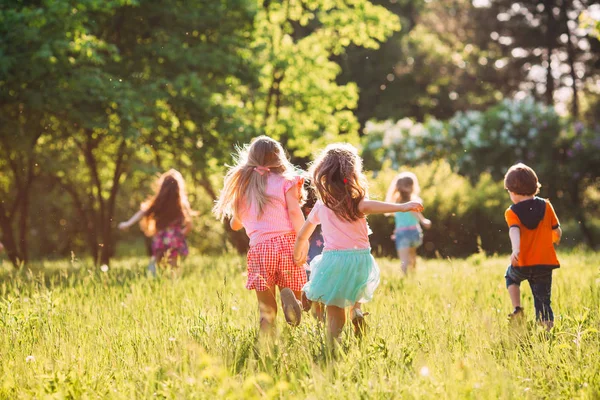 Eine große Gruppe von Kindern, befreundeten Jungen und Mädchen läuft an einem sonnigen Sommertag in Freizeitkleidung durch den Park . — Stockfoto