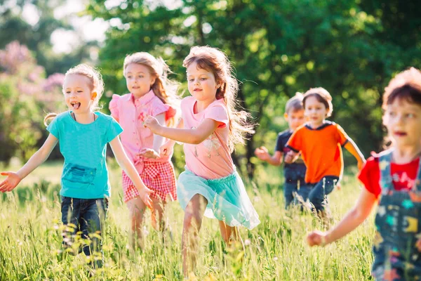 Eine große Gruppe von Kindern, befreundeten Jungen und Mädchen läuft an einem sonnigen Sommertag in Freizeitkleidung durch den Park . — Stockfoto