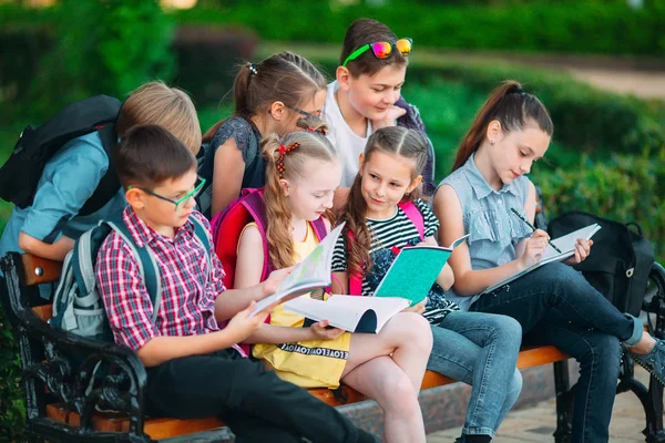 Happy Schoolmates Portret. Schoolvrienden zitten met boeken in een houten bank in een stadspark en studeren op zonnige dag. — Stockfoto