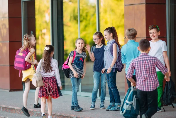 Koledzy ze szkoły chodzą do szkoły. Studenci witają się nawzajem. — Zdjęcie stockowe