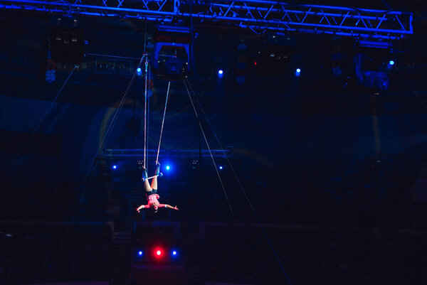 Girls aerial professional acrobatics in the Circus.