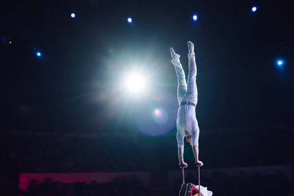 Mans aerial acrobatics in the Circus. Circus performance