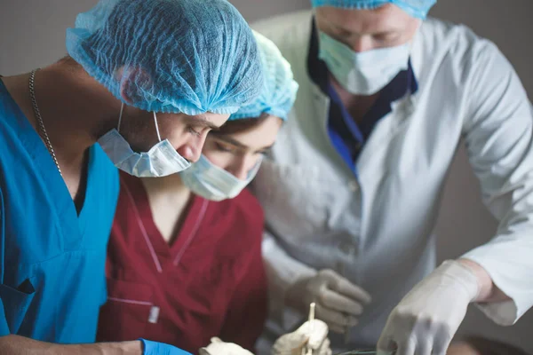 Skupina chirurgů v práci operujících v chirurgickém sále. Tým resuscitačních lékařů nosí ochranné masky, které drží ocelové lékařské nástroje a zachraňují pacienta. Chirurgický a nouzový koncept. — Stock fotografie