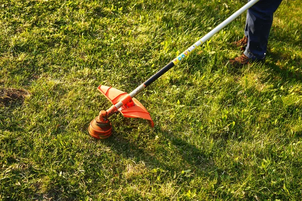 Çim biçme makinesi. Gün batımında çimenleri biçen işçi.