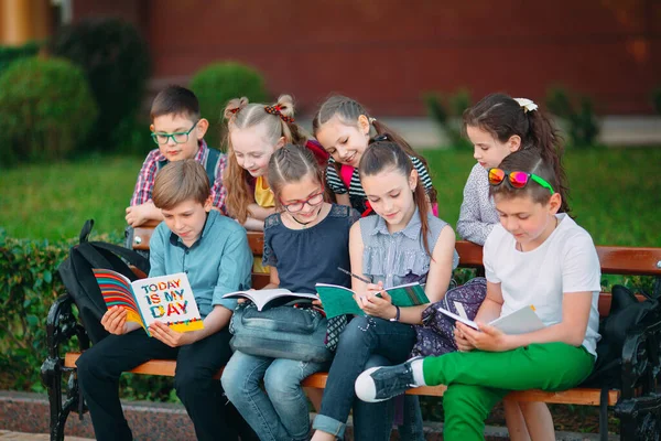 Glada skolkamrater Porträtt. Skolkamrater sitter med böcker i en träbänk i en stadspark och studerar på solig dag. — Stockfoto
