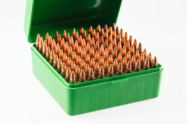 Hunting cartridges in a plastic box. Bullet storage box. — Stock Photo, Image