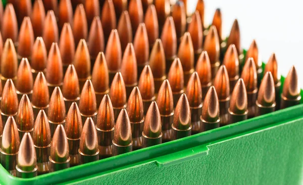 Hunting cartridges in a plastic box. Bullet storage box. — Stock Photo, Image