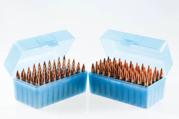 Hunting cartridges in a plastic box. Bullet storage box. — Stock Photo, Image