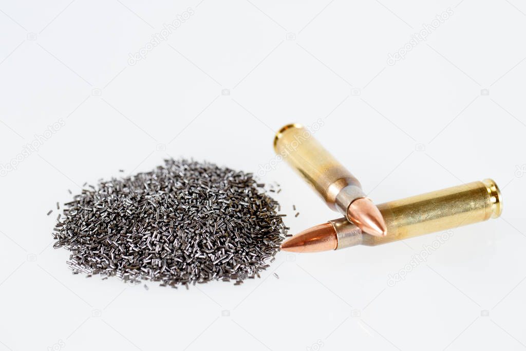 Gunpowder and Hunting cartridges caliber 308 Win on a white background