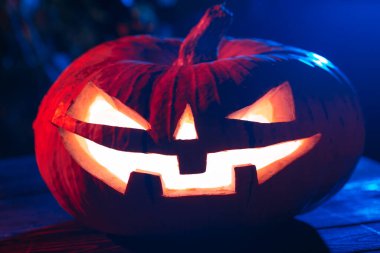 Gecenin karanlığında bir ormanda Ağaçta Cadılar Bayramı Balkabağı.