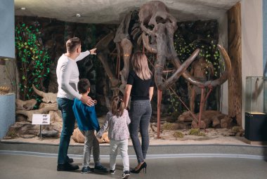 Müzedeki aile. Paleontoloji Müzesi 'nde bir aile bir mamut iskeletinin önünde duruyor..