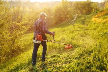 Çim biçme makinesi. Gün batımında çimenleri biçen işçi..