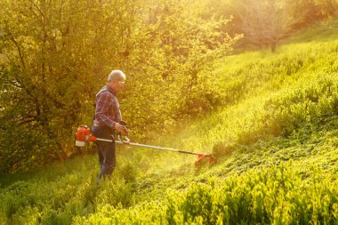 Çim biçme makinesi. Gün batımında çimenleri biçen işçi..
